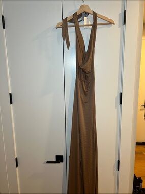 Montage by Mon Cheri Brown Backless Halter Cowl Maxi Dress